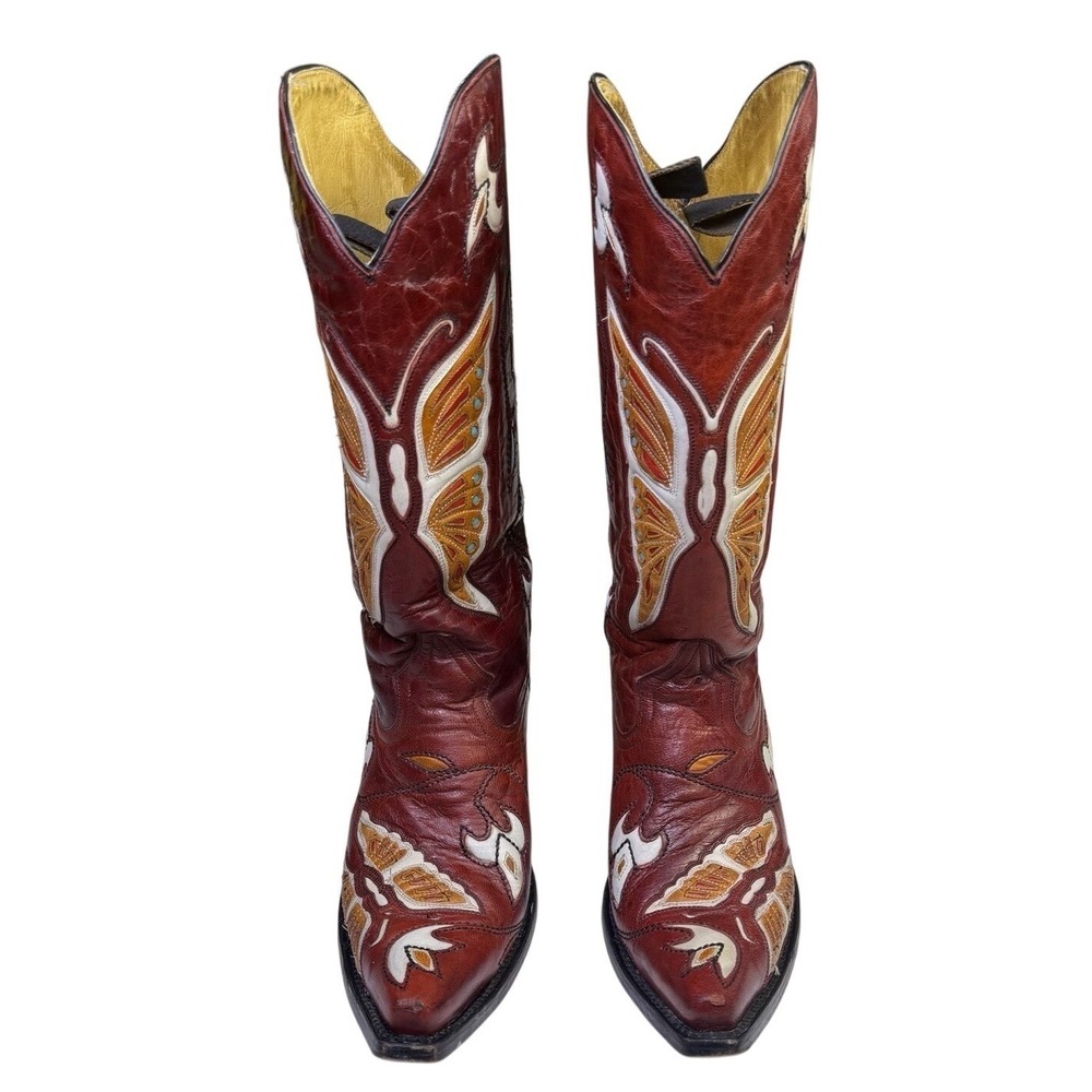 Corral Butterfly Inlay Red Leather Cowboy Boot Country Festival Boho‎ Sz 7.5 - Picture 2 of 12